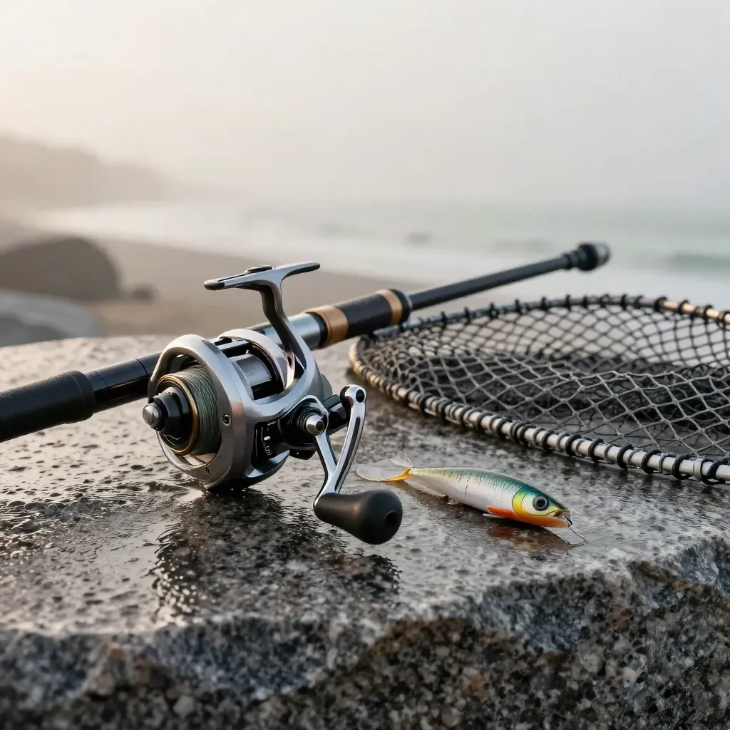 Fishing reel hero on wet granite with rod section, line spool, lure, and landing-net ring.