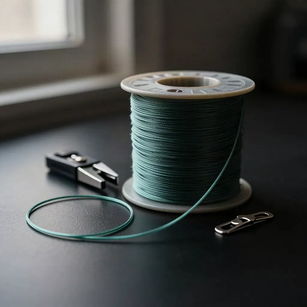 Monofilament spool unwinding beside a line cutter and leader clips on a dark studio surface.