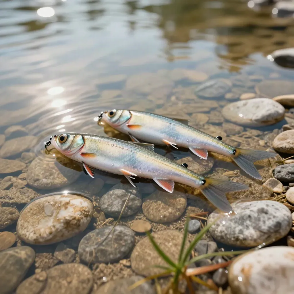 Two soft swimbaits drifting over pebbles in clear water with ripples and sun shimmer