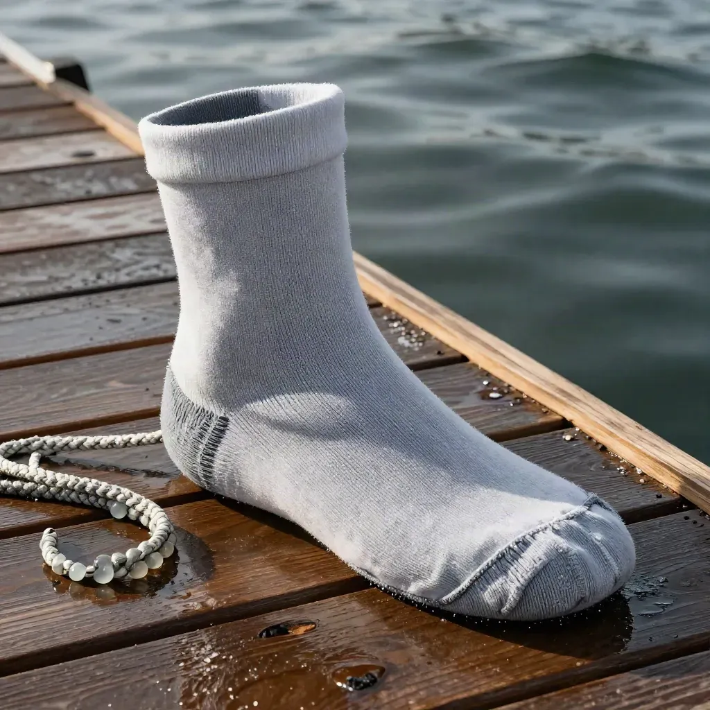 Boat drift sock billowing on a damp dock beside a rope harness and tether coil.