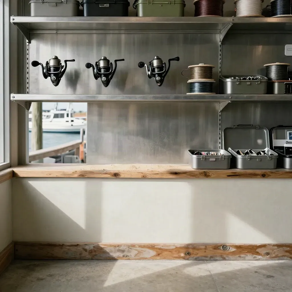 Sunlit harbor tackle shop interior with reels on steel shelving and a calm pale floor below.